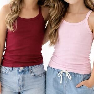 LOT of 2: Super U.S.A Gold Heavyweight Ribbed Tank Tops Pink Red Cotton - M & L